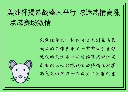 美洲杯揭幕战盛大举行 球迷热情高涨 点燃赛场激情