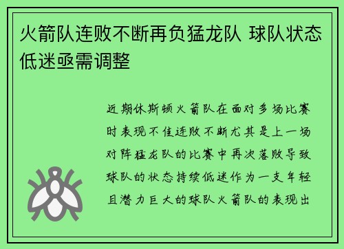 火箭队连败不断再负猛龙队 球队状态低迷亟需调整