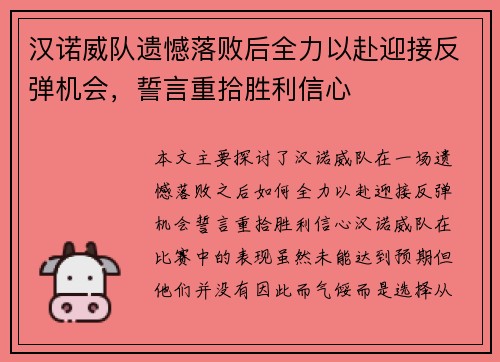 汉诺威队遗憾落败后全力以赴迎接反弹机会，誓言重拾胜利信心