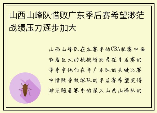 山西山峰队惜败广东季后赛希望渺茫战绩压力逐步加大