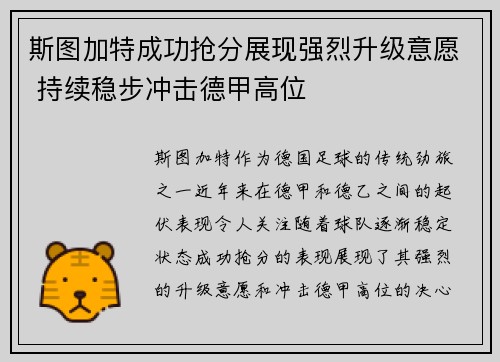 斯图加特成功抢分展现强烈升级意愿 持续稳步冲击德甲高位