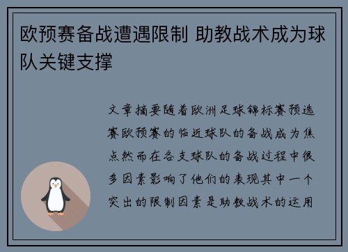 欧预赛备战遭遇限制 助教战术成为球队关键支撑