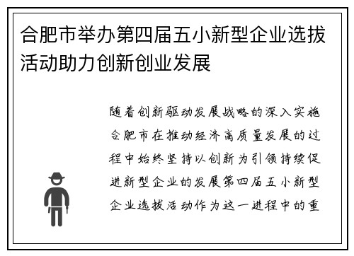 合肥市举办第四届五小新型企业选拔活动助力创新创业发展
