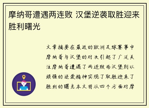 摩纳哥遭遇两连败 汉堡逆袭取胜迎来胜利曙光