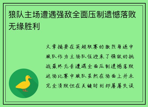 狼队主场遭遇强敌全面压制遗憾落败无缘胜利