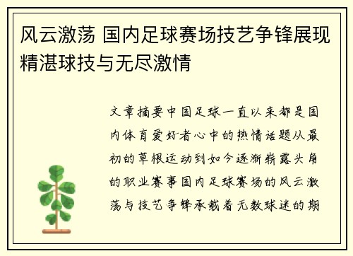 风云激荡 国内足球赛场技艺争锋展现精湛球技与无尽激情
